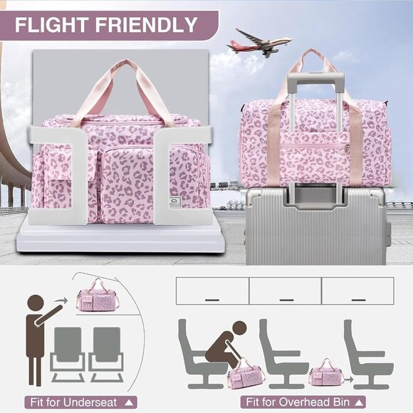 Women Pink Leaoopard Small Gym Carry On Weekender Travel Shoe Compartment Bag - Picture 3 of 6